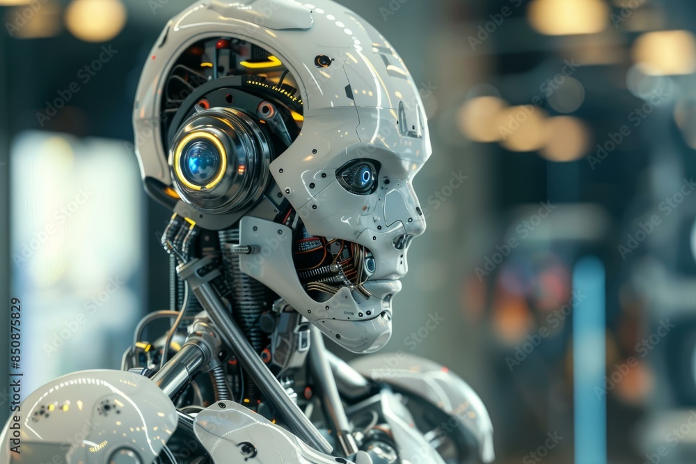 Poster intricate humanoid robot head with advanced circuitry and expressive eyes