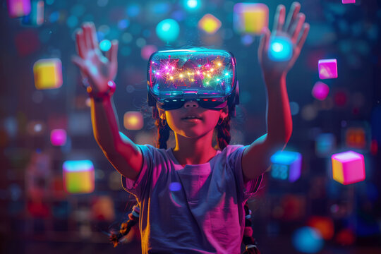 Young girl wearing VR glasses stands with her arms outstretched, immersing herself in a colorful virtual world. Excitement and wonder of virtual reality experiences