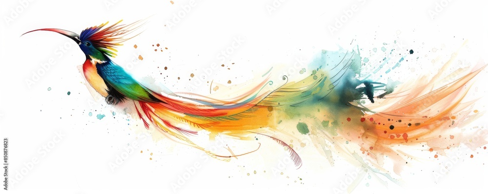 Wall mural colorful hummingbird flying with abstract watercolor splash background