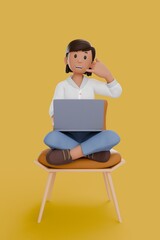 3D illustration of woman working on laptop and give call me gestures