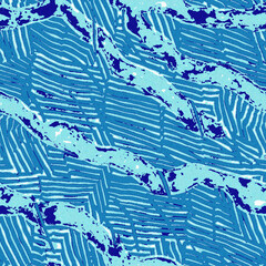 Summer blue dyed wave water pattern with broken linear stripe effect. Fresh blue underwater texture background for modern seamless nautical maritime organic style. 