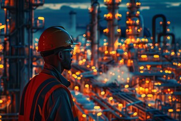 Obraz premium Engineer in safety gear gazes at illuminated oil refinery plant during dusk