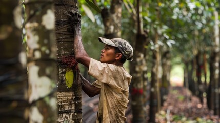 Rubber Tree Worker in Tropical Forest