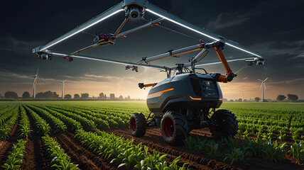 agricultural technology image showcases drones flying over farms, highlighting modern farming techniques and innovations in precision agriculture for improved crop monitoring and farm management