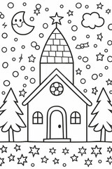 Fototapeta premium Village Palace-House coloring page, comic style, black and white, bold lines, white background