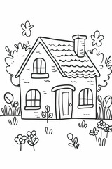 Fototapeta premium House in the village colouring page, comic style, black and white, bold lines, white background
