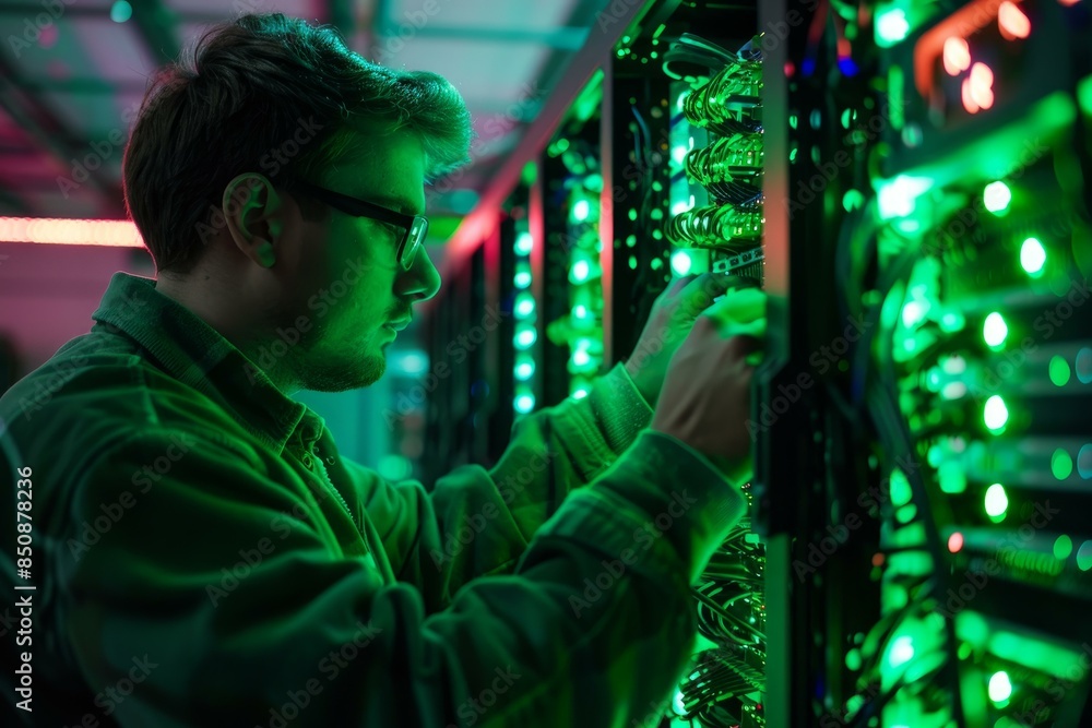 Poster focused technician working on server hardware in a neonlit modern data center