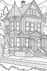 Obraz premium Big House in the village colouring page, comic style, black and white, bold lines,white background
