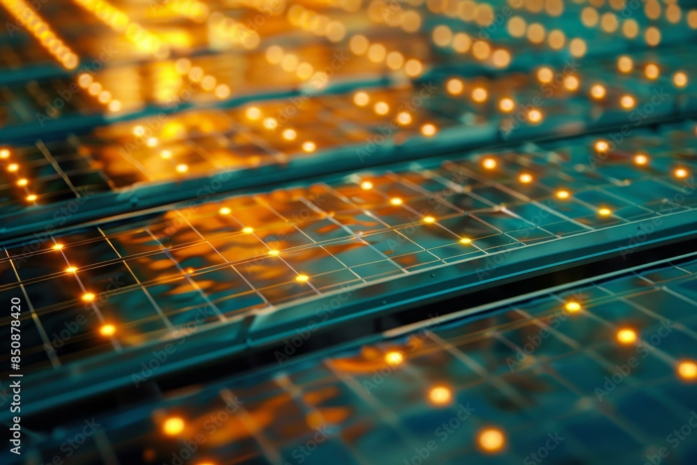 Poster closeup image of a grid with warm, glowing lights representing connectivity and technology