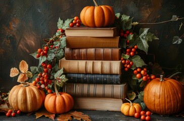 Two Pumpkins Resting on Books in an Autumn Forest