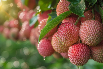 Close-up of ripe lychee fruits hanging from a tree, showcasing their textured pink skins and vibrant green leaves.