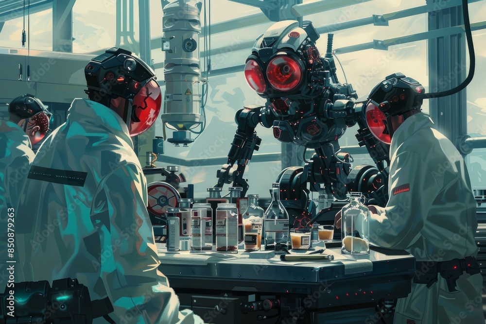 Poster scientists in a hightech lab work alongside an advanced robot with artificial intelligence
