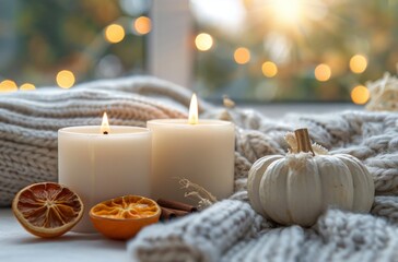 White Candles, Knit Blanket, and Dried Oranges for Cozy Fall Decor