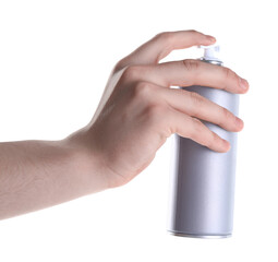 Man with can of spray paint on white background, closeup