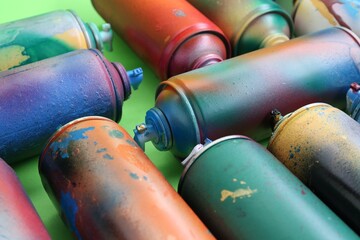 Many spray paint cans on green background