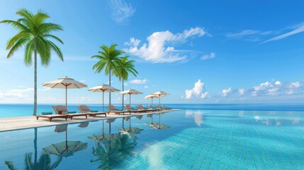 Naklejka premium Swimming pool view on the beach, bright blue sky. generative AI image