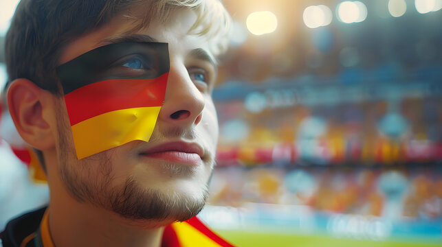 young man with the German flag painted on his face, standing in a stadium. Embodying the spirit and excitement of being a fan during a sports event - Powered by Adobe