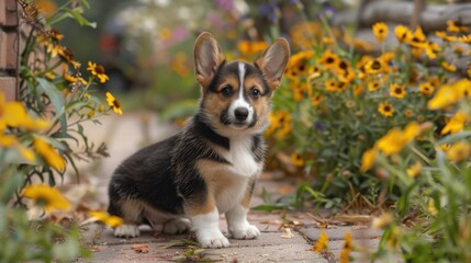 A cute Pembroke Welsh Corgi puppy flower in landscape --ar 16:9 --style raw Job ID: ea74b81d-23f5-4e2f-80f3-628c02c293ea
