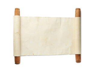 Scroll of old parchment paper with wooden handles isolated on white, top view