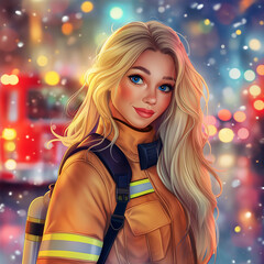 Illustration of a blonde in a firefighter costume