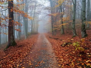 Misty Autumn Path Leading to a Cabin in a Forest