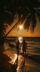 Fototapeta premium Silhouetted couple walking on beach at sunset