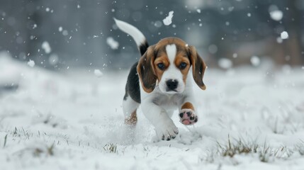 A small dog is running through the snow