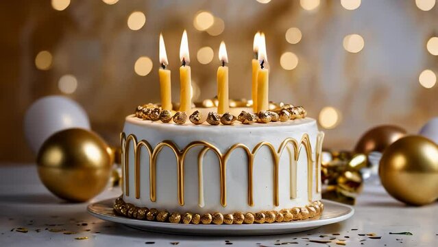 Elegant birthday cake with golden decorations and candles amidst festive bokeh lights for celebratory occasions