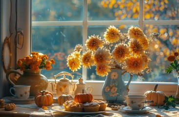 Autumn Windowsill Still Life With Pumpkins, Flowers, and Tea Set
