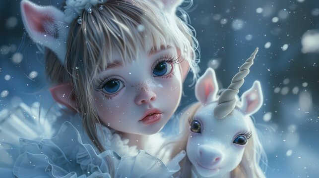 A little girl holding a stuffed unicorn in the snow