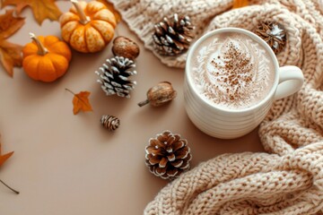 Cozy Autumn Day With Warm Drink, Knit Blanket, and Pumpkins