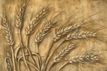 Artistic closeup of a wooden basrelief carving depicting sheaves of wheat