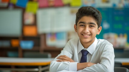 Cheerful Pakistani High School Boy in Classroom Setting, Perfect for Education-Related Designs and Stock Photography
