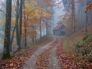 Obraz premium Misty Autumn Path Leading to a Cabin in a Forest