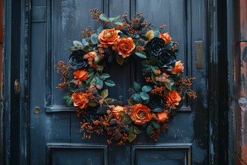 Spooky Halloween Wreath on Blue Door