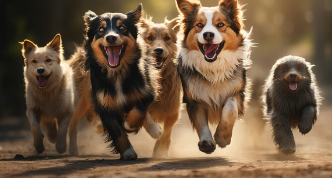 Exuberant Pack of Dogs Enjoying a Sunny Run