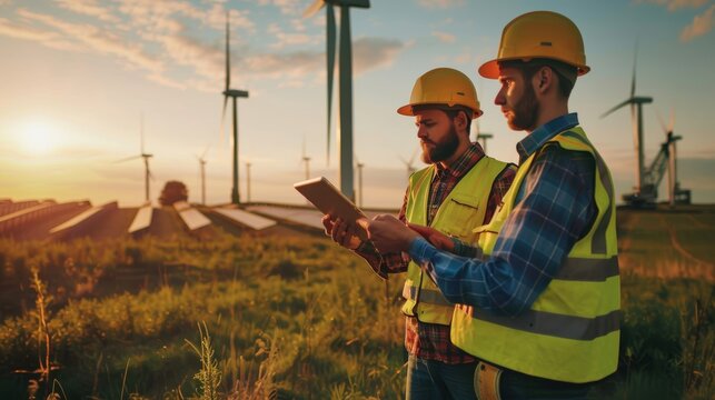 Two men in yellow vests are looking at a tablet