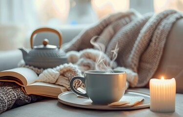 Fototapeta premium Cozy Autumn Evening With Tea, Candlelight, and an Open Book