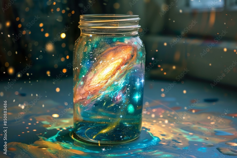 Wall mural concept image of a galaxy swirling inside a mason jar amidst a backdrop of sparkling lights