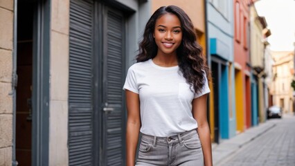 Young black woman wearing white t-shirt and grey jeans standing on the street