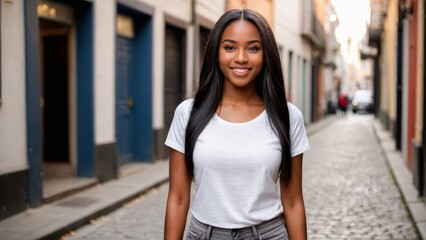 Fototapeta premium Young black woman wearing white t-shirt and grey jeans standing on the street