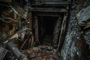 Obraz premium Forsaken mine entrance with dilapidated wooden beams set in a rugged landscape