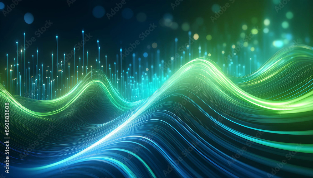 Wall mural abstract futuristic background with green and blue glowing neon moving high speed wave lines, illust