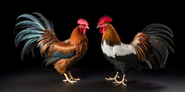 Two roosters duel in a white background in a beautiful display. Concept Animal Photography, Dueling Roosters, White Background, Beautiful Display