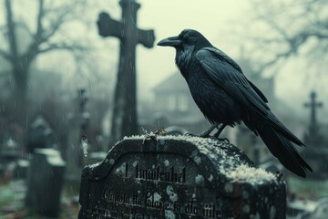Raven Perched on Tombstone in Cemetery