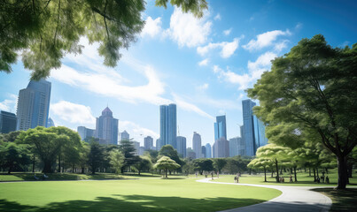 Serene Park Amidst Bustling City Skyscrapers