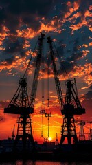 silhouetted cranes at dusk at shipyard