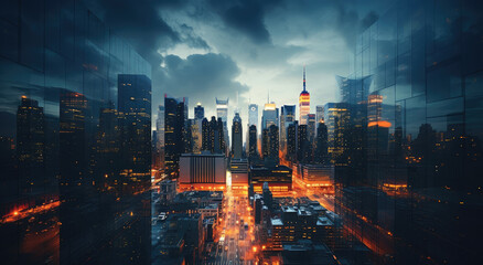 Obraz premium Dynamic City Skyline at Twilight: Urban Dreamscape