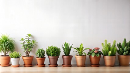 Fototapeta premium A row of potted plants are lined up on a wooden table. The plants vary in size and shape, with some being tall and thin, while others are short and round. The arrangement creates a sense of balance