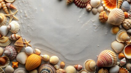 Obraz premium Seashells and Starfish Border, Scattered Shells Creating Serene Coastal Atmosphere, Ideal for Designs with Copy Space